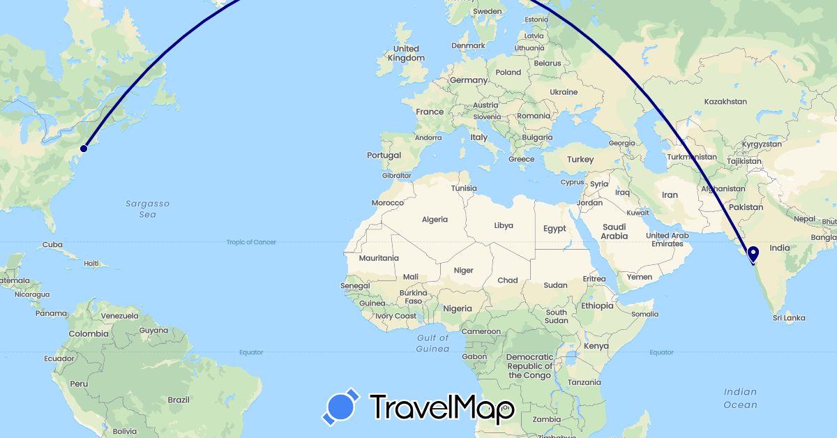 TravelMap itinerary: driving, plane in India, United States (Asia, North America)
